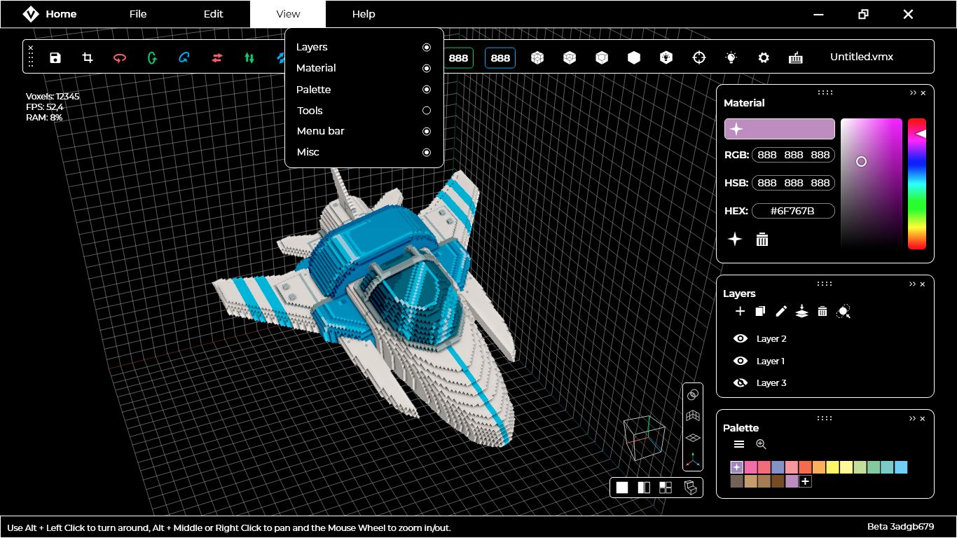Modeler view menu -hiding tool box-